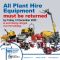 Last day of return plant hire equipment - 12 December 2025